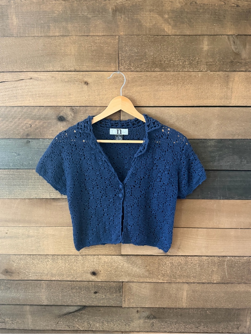 Y2K Navy Crochet Knit Cardigan Top Ramie Cotton Cottagecore Boho - Picture 2 of 8